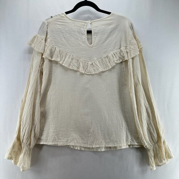 THML Blouse M Embroidered Ruffle Top Peasant Flounce Sleeve Cotton Cream - Picture 2 of 11